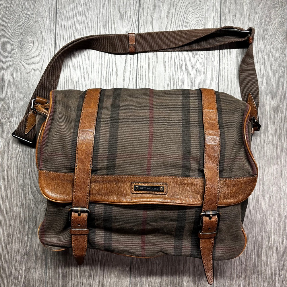 Burberry Brown Check Canvas Messenger Bag Leather Trim Crossbody Satchel